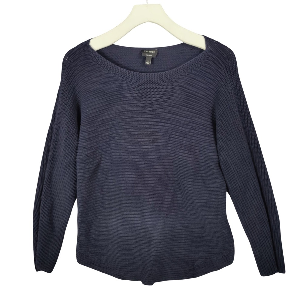Talbots Navy Blue 100% Pima Cotton Boat Neck Chunky Knit Sweater Large Comfort